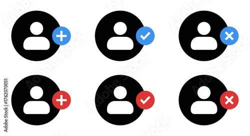 User profile management icons set — add friend, verified account, remove user, flat minimal UI symbol design in black, green, blue, and red colors