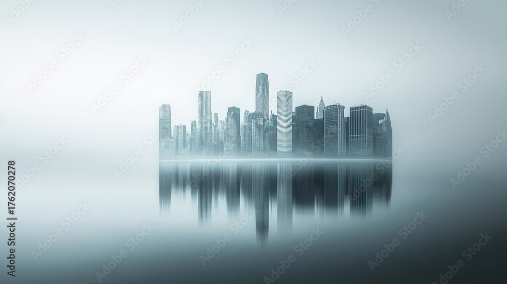 Fototapeta premium A foggy skyline view of a modern city reflecting in still waters at dawn