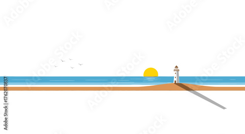 Coastal Lighthouse Sunrise Minimalist Beach Scene with Birds and Ocean
