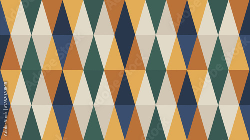 A repeating pattern of triangles in shades of blue green yellow orange and beige forming diamonds
