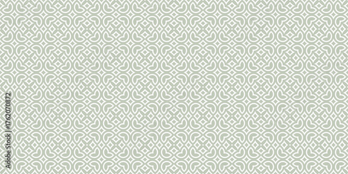 Vector floral seamless pattern in arabesque style. Green and white texture with flowers, leaves, petals, curved shapes. Simple geometric background. Abstract oriental ornament. Repeated decor design