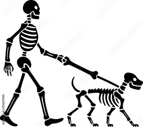 Skeleton walking dog made of bones - humor & friendship theme vector with white background 