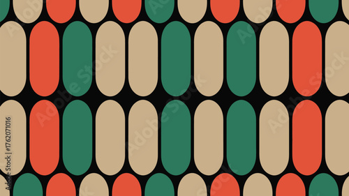 A repeating pattern of rounded rectangles in orange green and beige on a black background design element