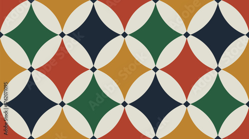 Geometric pattern with overlapping circles and diamond shapes in various colors repeat design
