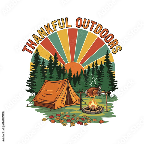 Thankful Outdoors: Embrace the simple pleasures of nature. A serene camp with a cozy tent, warm fire, and a delightful roasting. Expressing gratitude for the outdoors and the moment