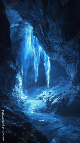 Mysterious glowing ice cave with blue light illuminating frozen stalactites and icy walls in a fantasy background.