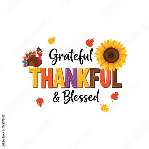 Thanksgiving Day: A vibrant, warm design captures the essence of Thanksgiving, with a sunflower, turkey, and autumn leaves, expressing gratitude and blessings.