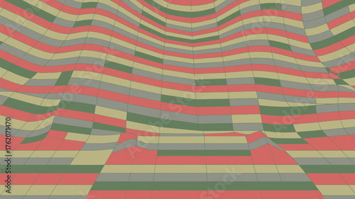 Abstract landscape with wavy horizontal stripes in red green and yellow with a grid overlay effect