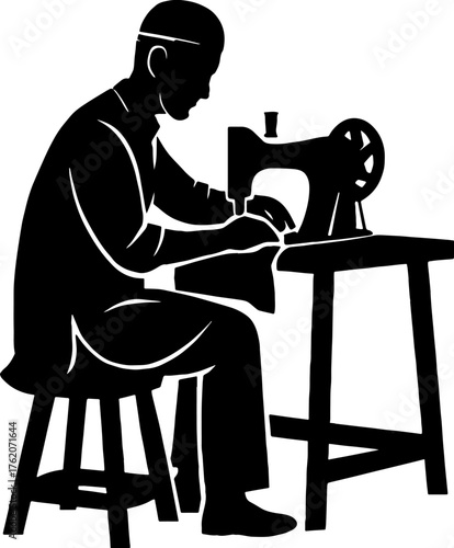 Tailor sitting with hand-sewing machine - retro craft vector vector with white background 