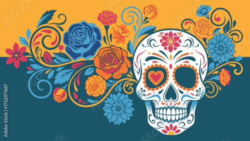 Vibrant Day of the Dead Sugar Skull with Colorful Floral Design. Traditional Calavera Art.