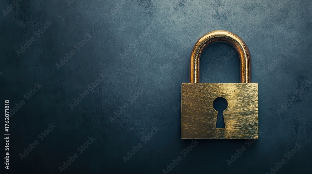 Fototapeta premium Close-up of a golden padlock against a textured dark surface, symbolizing security and protection in various contexts