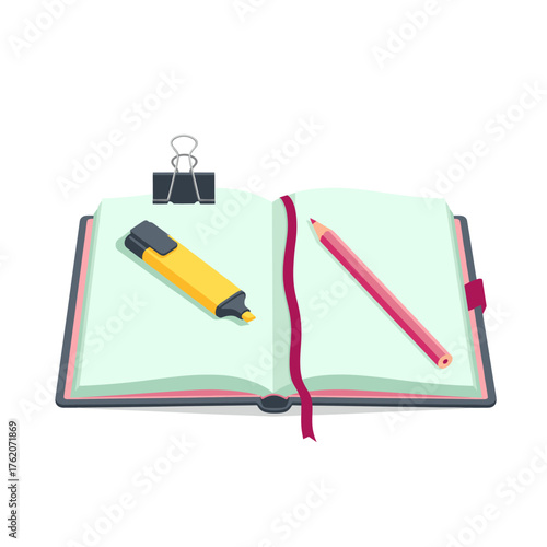 Open notebook with yellow marker and pink pencil invites creativity and organization for students, writers, and professionals alike