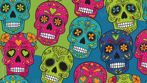 Colorful Day of the Dead Sugar Skulls Seamless Pattern. Mexican Dia de los Muertos cultural art illustration.
