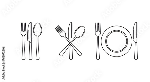 Vector icon set of spoon, knife, and fork. Isolated on a white background. 