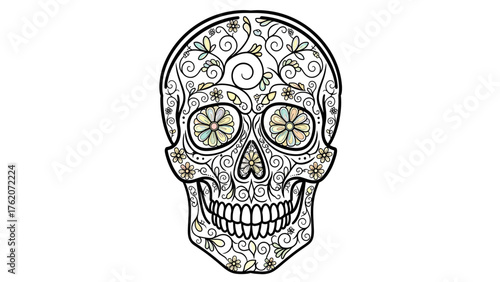Decorative Sugar Skull Illustration with Floral Patterns. Ornate Calavera Art for Day of the Dead Cultural Celebrations.