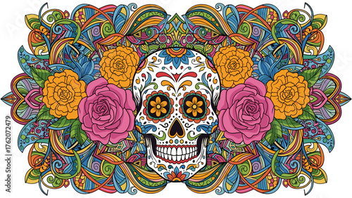 Vibrant Sugar Skull Illustration with Roses, Marigolds, and Intricate Mexican Folk Art Patterns for Día de Muertos
