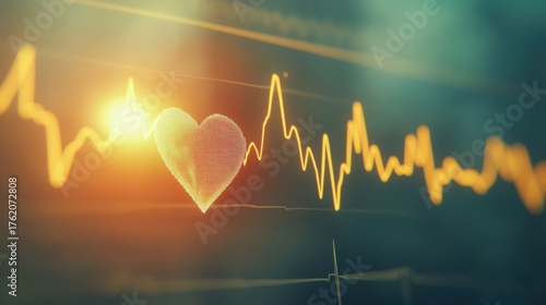 Heartbeat waveform representing love during sunset with vivid rays illuminating the scene