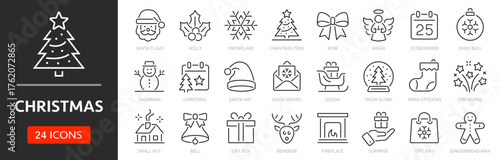Christmas line icon set. Editable Stroke. Xmas, gift, santa, christmas tree, snowflake, angel, santa nat - stock vector.