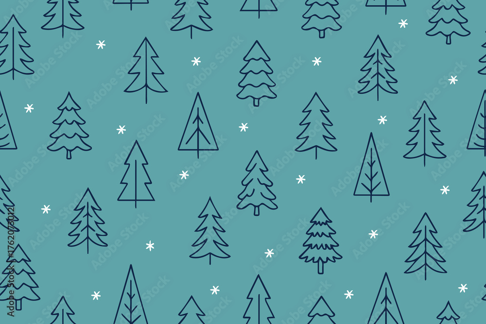 Obraz premium A seamless pattern of handmade Christmas trees for festive Christmas and New Year's designs. A collection of modern art on a blue background.