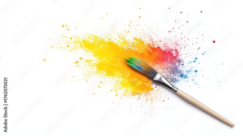 Fototapeta premium Colorful paint splash with a brush on a white background creating a vibrant artistic effect