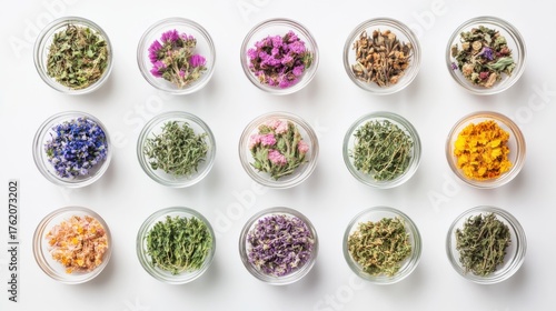 Diverse collection of dried herbs and flowers arranged in bowls on a clean surface