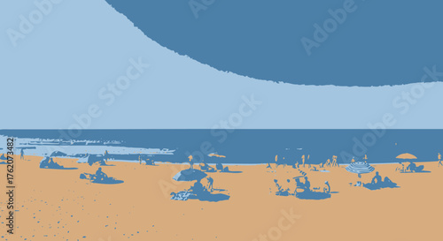 Stylized Beach Scene with Figures Enjoying Summer Vacation in Limited Palette