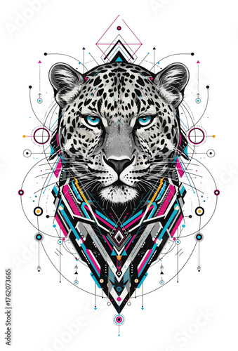 Geometric Leopard Head Illustration with Piercing Blue Eyes and Intricate Abstract Patterns