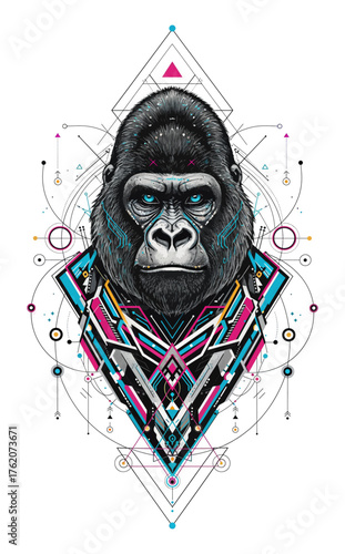 Geometric Gorilla Head Illustration with Vibrant Neon Colors and Sacred Geometry Elements