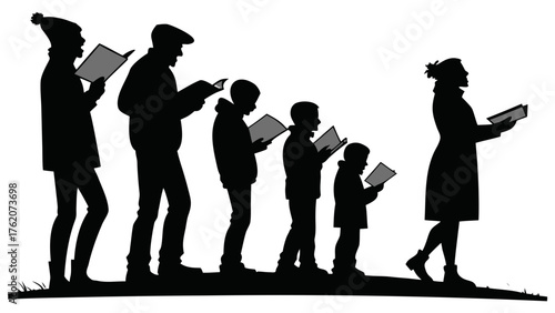 Family Christmas Carolers Singing Winter Silhouette, Illustration of a family group, including adults and children in winter attire, walking and singing from songbooks, depicting Christmas carolers.