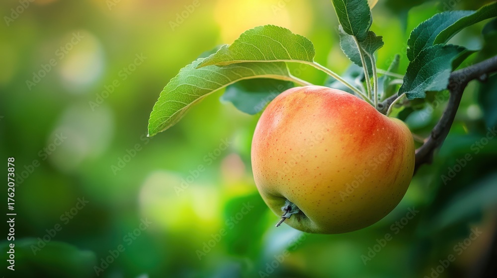 Obraz premium Ripe apple hanging on branch in lush orchard during sunny afternoon