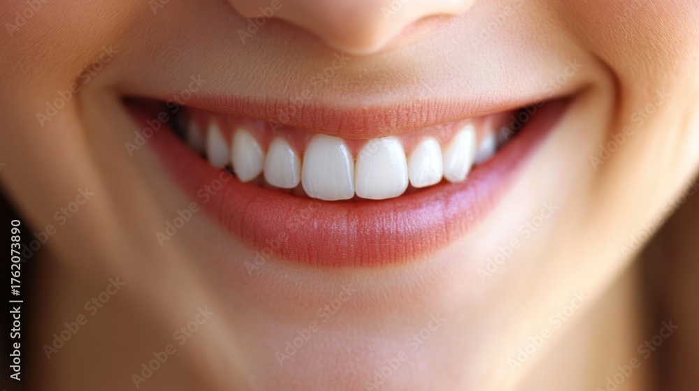Fototapeta premium Bright smile of a young woman showcasing healthy teeth and a joyful expression in a warm setting