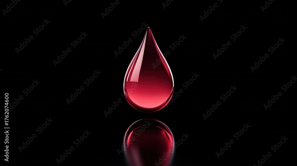 Fototapeta premium Bright red drop of liquid suspended against a dark background reflecting light