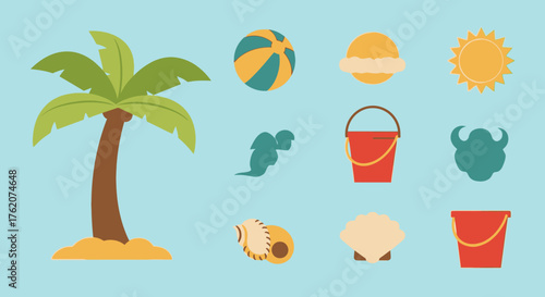 Cartoonish flat vector beach icons summer vacation holiday concept design