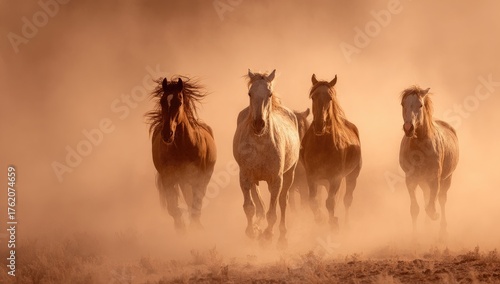 Majestic wild horses gallop powerfully through a hazy cloud of dust, capturing raw energy