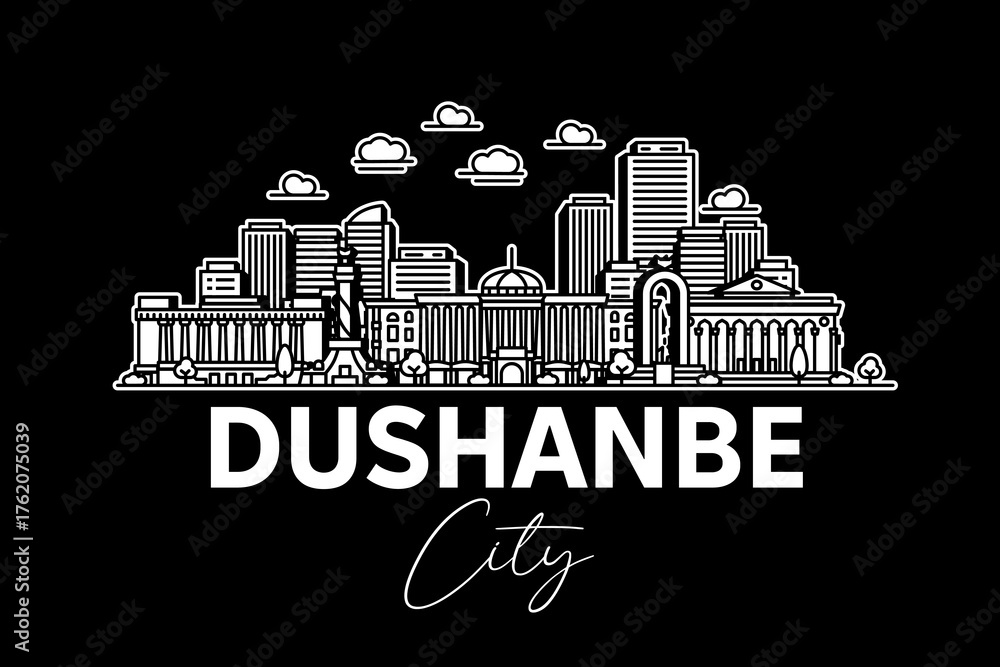 Fototapeta premium Dushanbe, Tajikistan architecture line skyline illustration with shadows. Linear vector cityscape with famous landmarks, city sights, design icons.