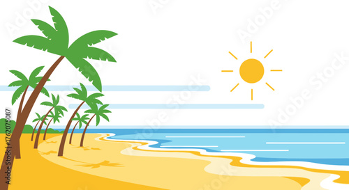 Tropical beach with palms sun and blue sea vector illustration