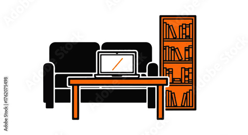 Cozy home office setup with a comfortable sofa, coffee table, and a bookshelf filled with books