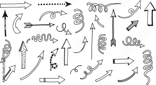 Collection of hand-drawn arrow icons and symbols pointing in various directions and styles