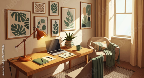 Bright, cozy home office with wooden desk, laptop, and comfortable armchair. Botanical art and natural light create a serene, productive workspace