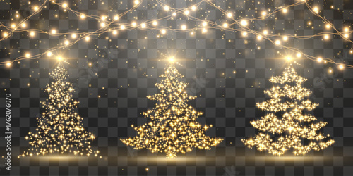 Set of shiny Christmas tree. Golden glowing spruce in a luxurious design. Glittering lights in the form of a Christmas tree with bright shining and glowing particles. Vector on png background.