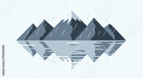 Minimalist mountain range reflecting in water during a rain shower landscape scene