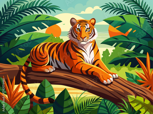 Realistic vector illustration of tiger resting on large tree branch, orange fur with black stripes, tropical leaves, sunlight, detailed wildlife jungle scene