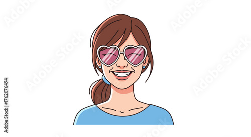 Cartoon Woman with Heart-shaped Glasses Smiling Cheerfully