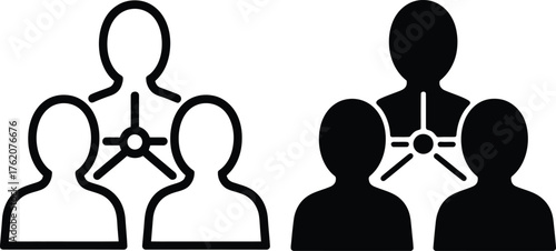 Simple black and white graphic depicting groups of people a distinct silhouette.