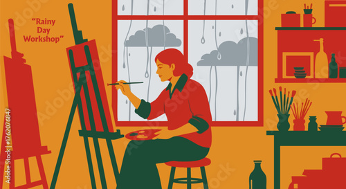 Woman painting at easel during rainy day workshop in cozy art studio setting 80 char
