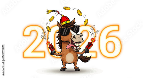 Horse illustration celebrating the arrival of 2026 with fireworks and festive attire
