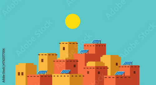 Solar powered village illustration with sun and blue panels on rooftops at midday