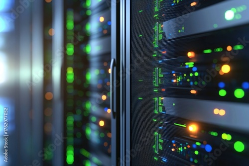 Advanced data center with glowing green and orange server indicators in a high-tech corridor, ideal for illustrating AI computing, IT network systems, and cloud infrastructure