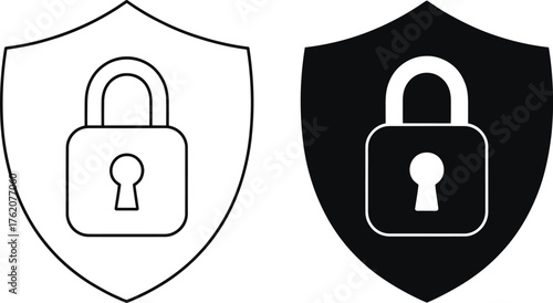 Shield with padlock icons representing security and protection black and white silhouette.
