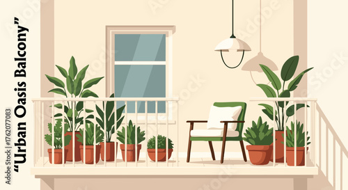 Balcony garden with potted plants and a chair creating a relaxing urban oasis